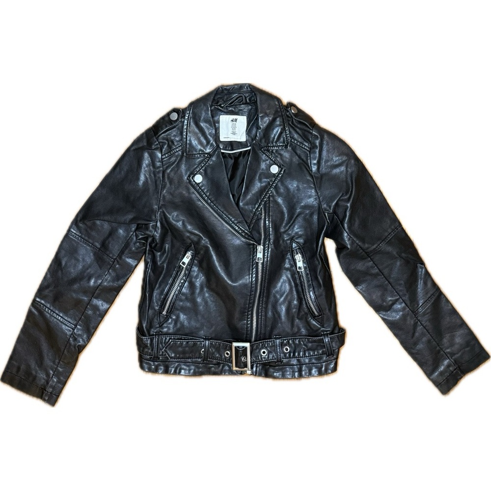 H&M Moto Punker Black Biker Faux Leather Jacket Size Youth 9-10 Kids Medium